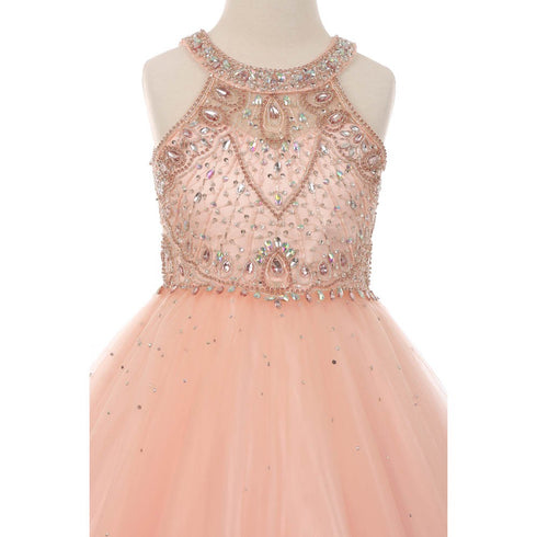 Girls Dazzling Halter Beaded Tulle Special Occasion Dress 4-16 - SophiasStyle.com